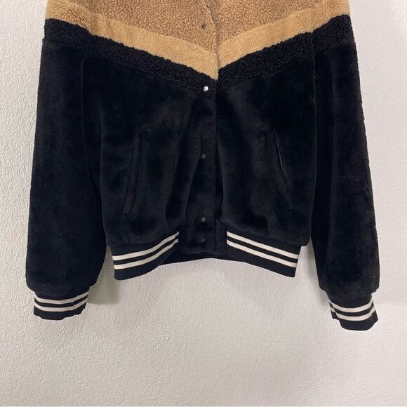Free People Tan and Black Fleece Faux Fur Snap Button Front Bomber Jacket - Picture 4 of 7